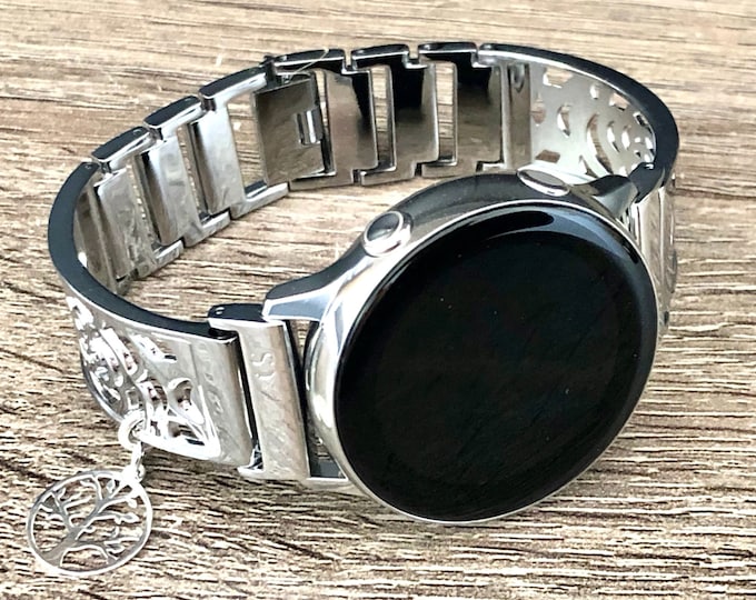 Samsung Galaxy Watch 6 Band, Shiny Silver Women Galaxy Watch 5 Bracelet Silver Tree of Life Medallion 20mm Watch Band, Metal Watch Bracelet