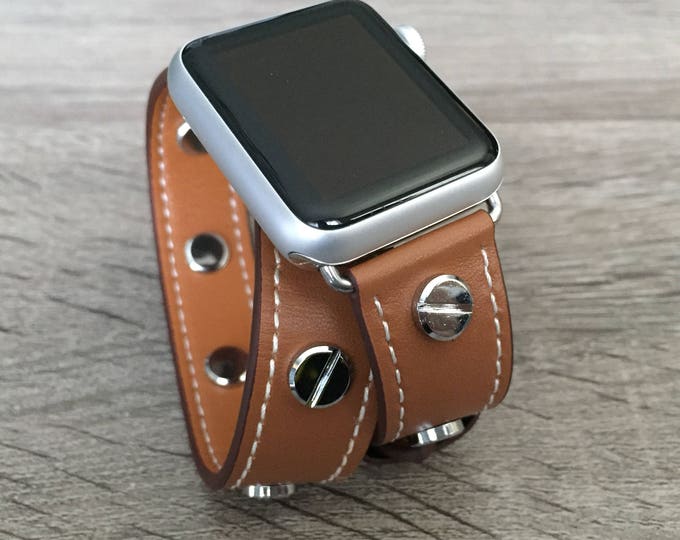 Brown Leather Band for Apple Watch All Series Vegan Handmade Double Wrap Band Silver Rivets Wristband Fashion Multi Wrap Apple Watch Band