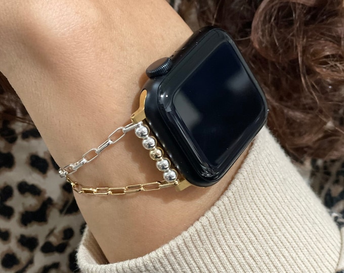 Apple Watch Band Two Toned iWatch Strap, 14K Gold Filled and Sterling Silver Paperclip Chain Upscale Bracelet, Gift for Her Jewelry