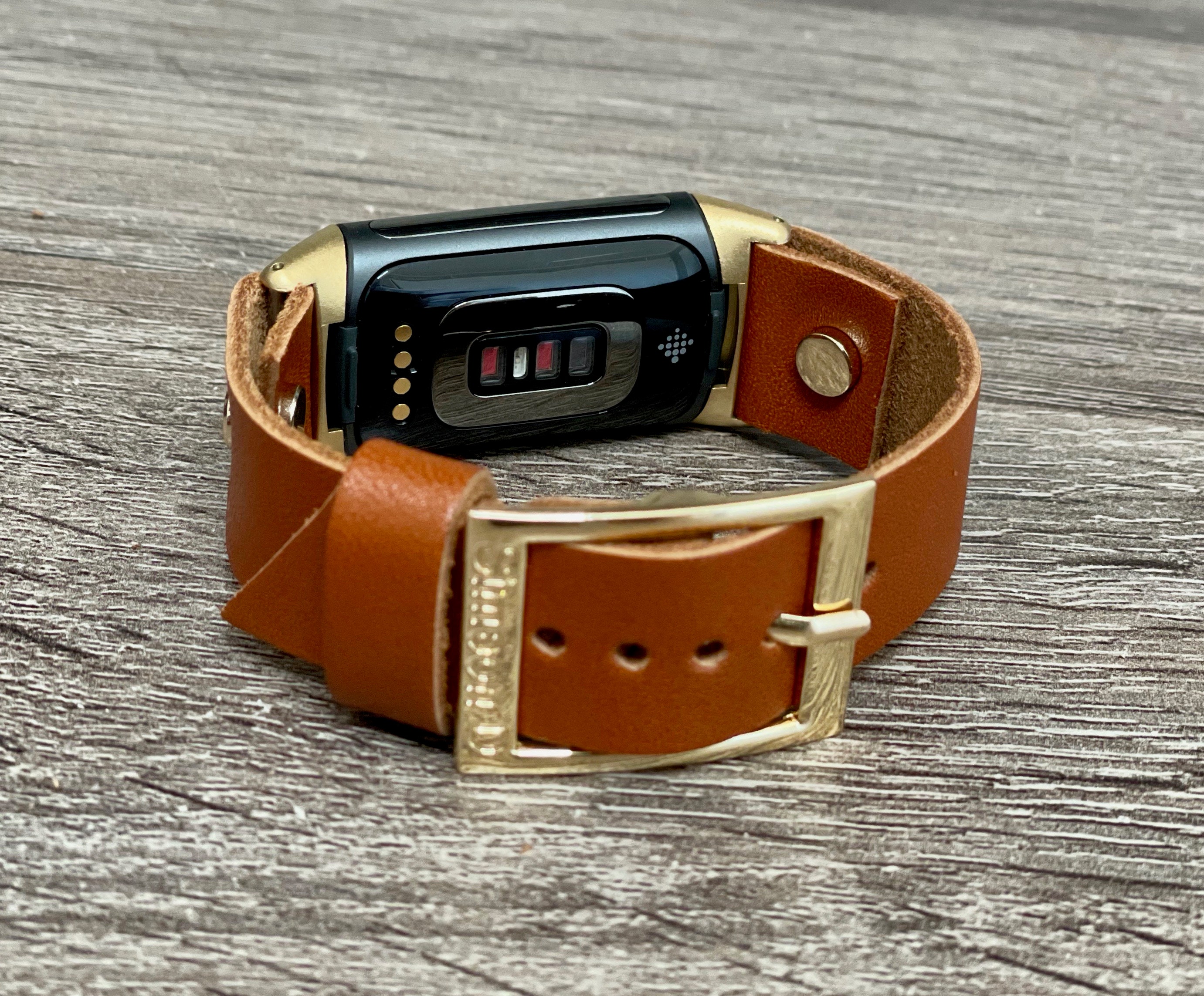 Fitbit Charge 5 Band, Brown Leather Fitbit Charge 5 Bracelet, Gold