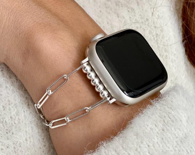 925 Sterling Silver Apple Watch Band, Paperclip Chain Bracelet Strap, Women's Jewelry