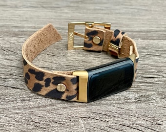 Leopard Print Leather Fitbit Charge 6 Band: Adjustable Gold Bracelet