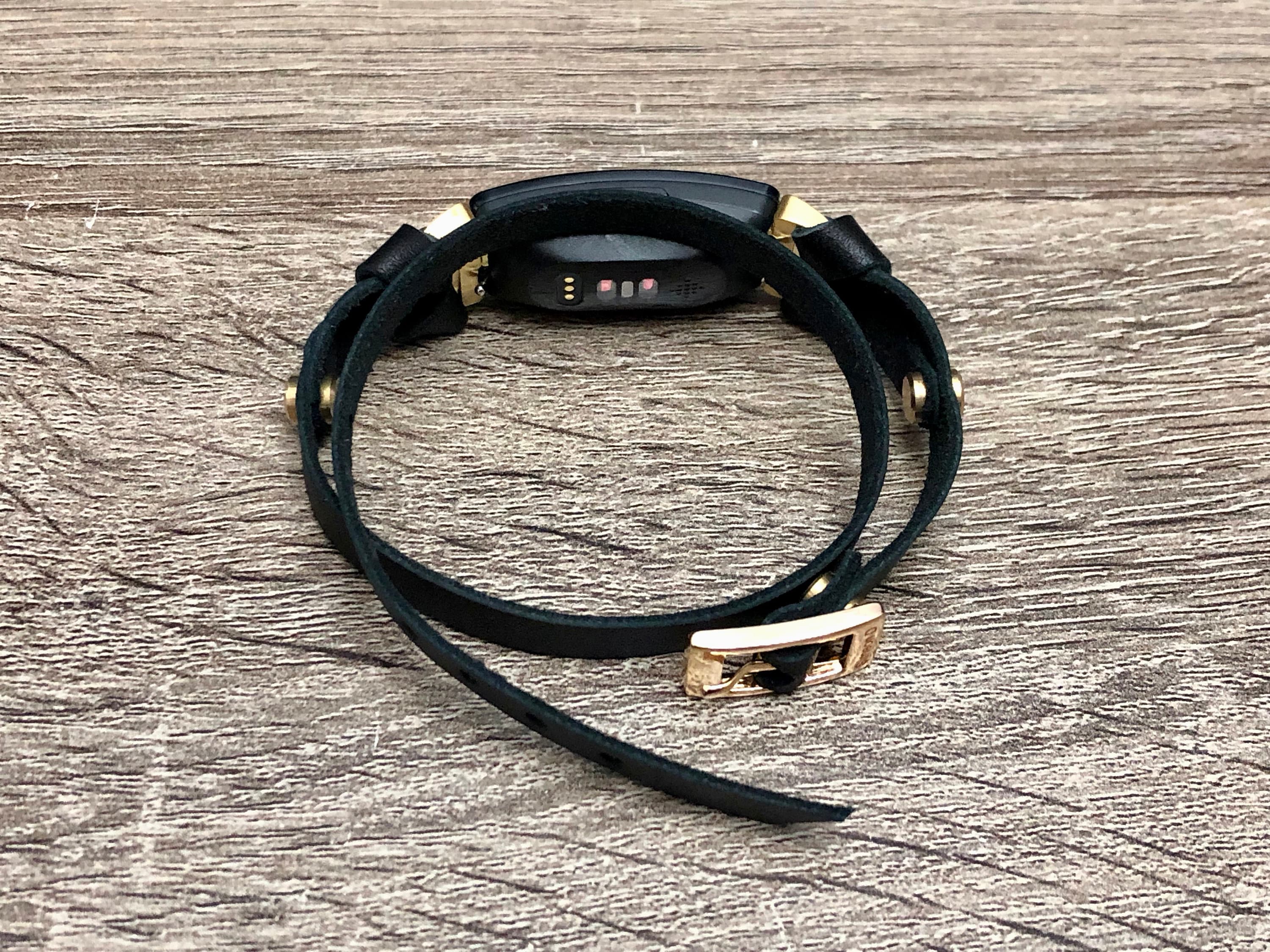 Gold & Black Leather Fitbit Inspire HR Band, Double Wrapped Fitbit Inspire Strap Bracelet
