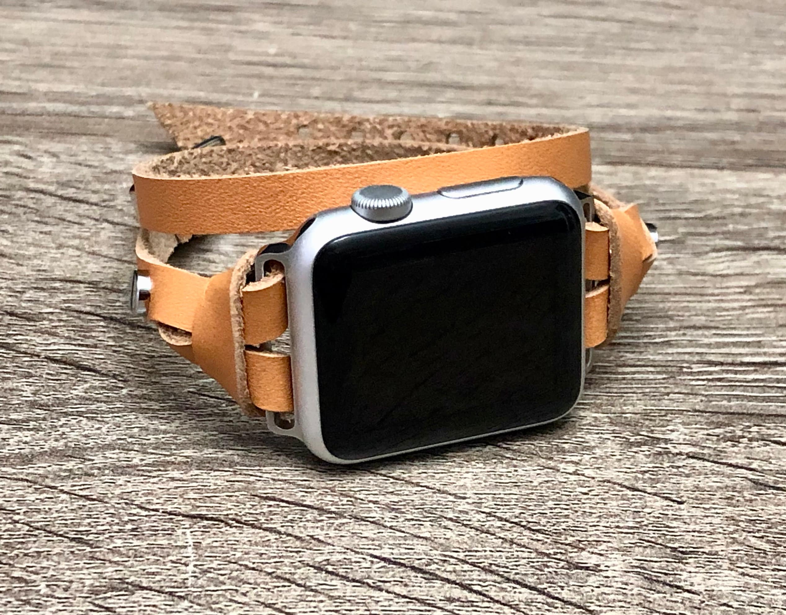 Silver Apple Watch Band 38 40 41 42 44 45 Leather Apple Watch Strap Women iWatch Bracelet Double