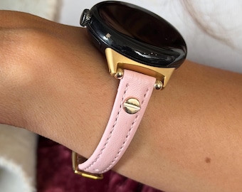 Google Pixel Watch Leather Band: Slim Pink Strap Gold Accents, Adjustable Bracelet