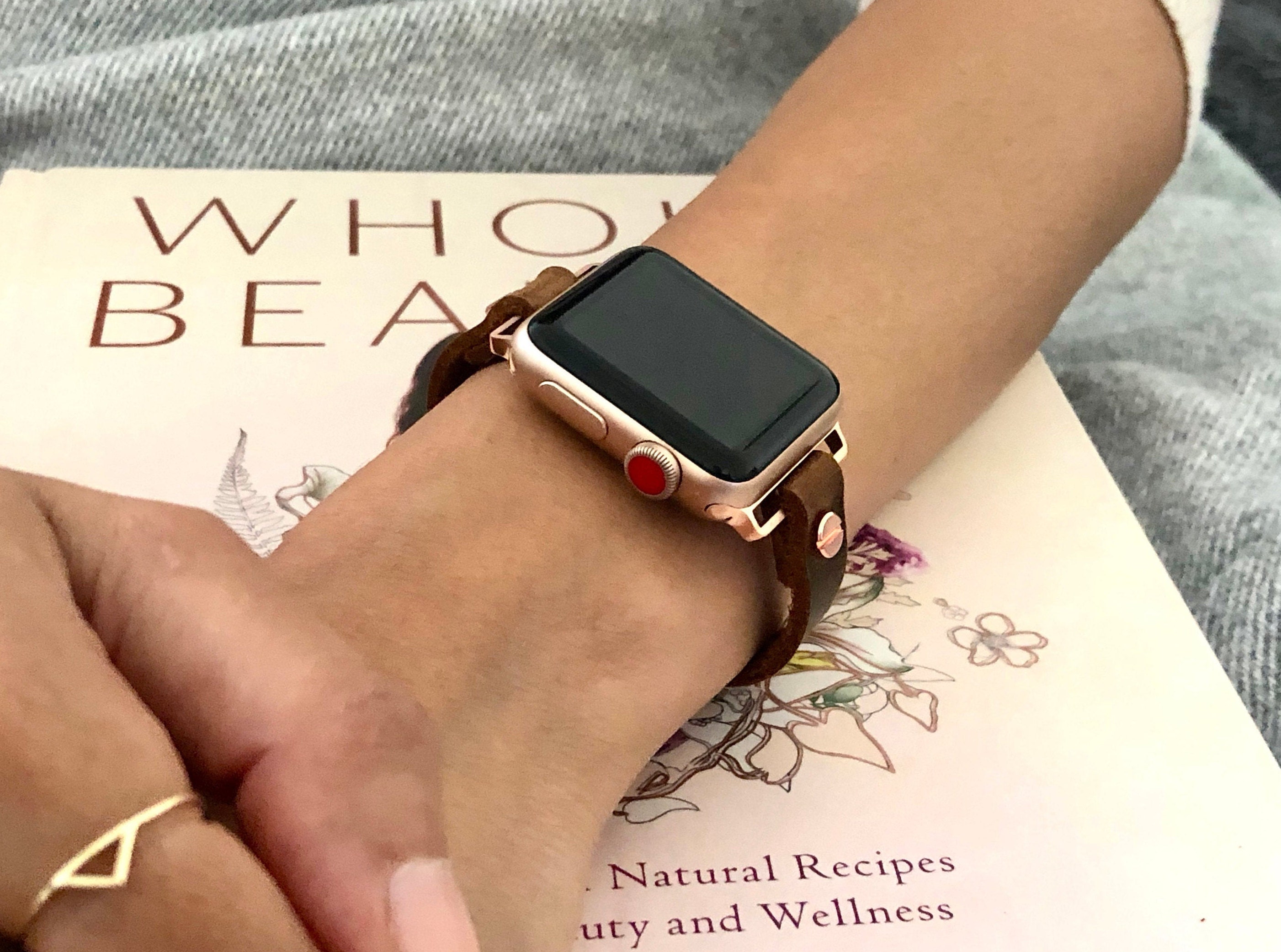 Rose Gold & Brown Leather Apple Watch 38mm 40mm 42mm 44mm Bracelet 10mm Rustic Vintage Leather