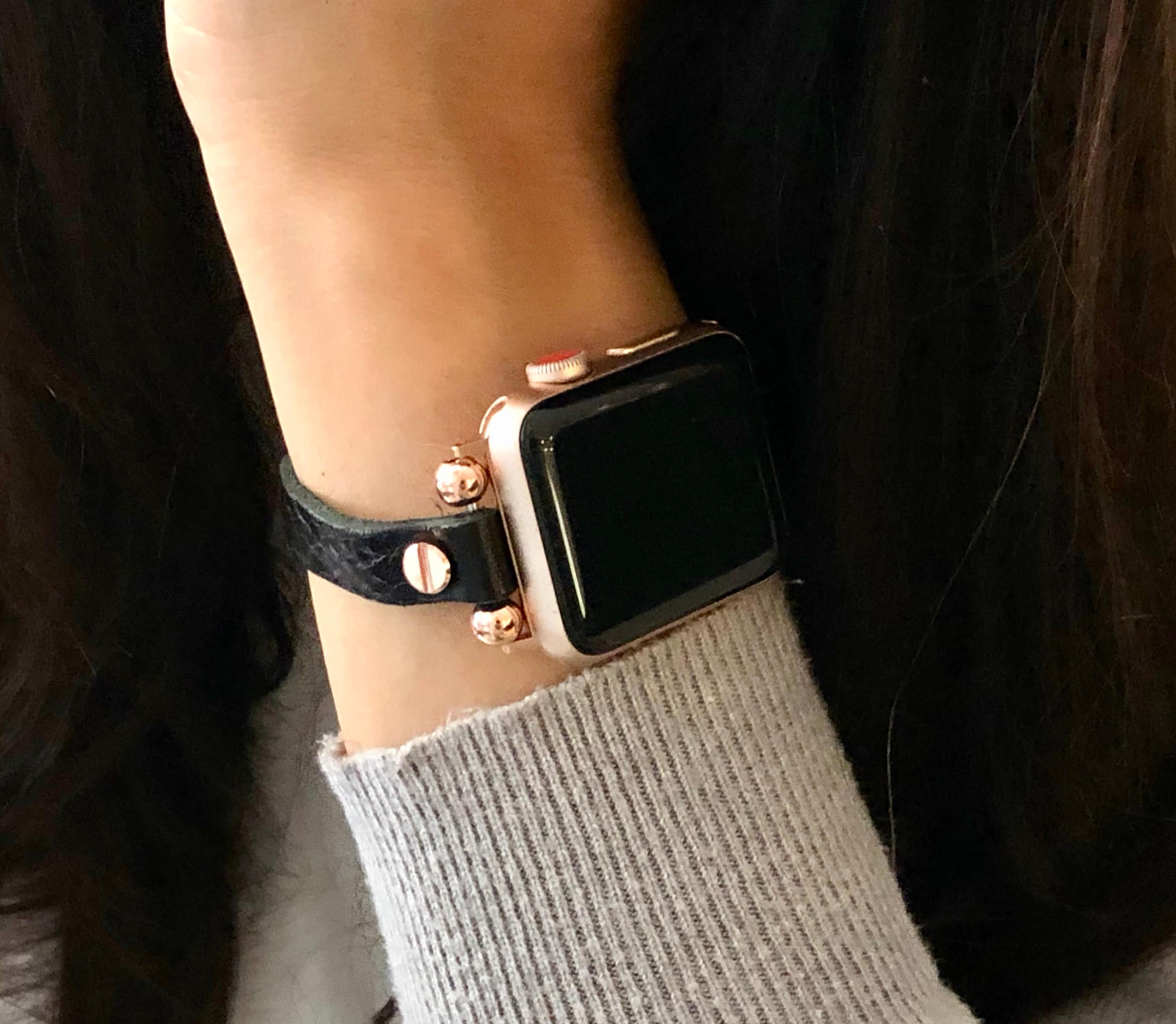 Rose Gold Apple Watch Bracelet 38mm 40mm 42mm 44mm Slim Black Leather Apple Watch Wristband Soft