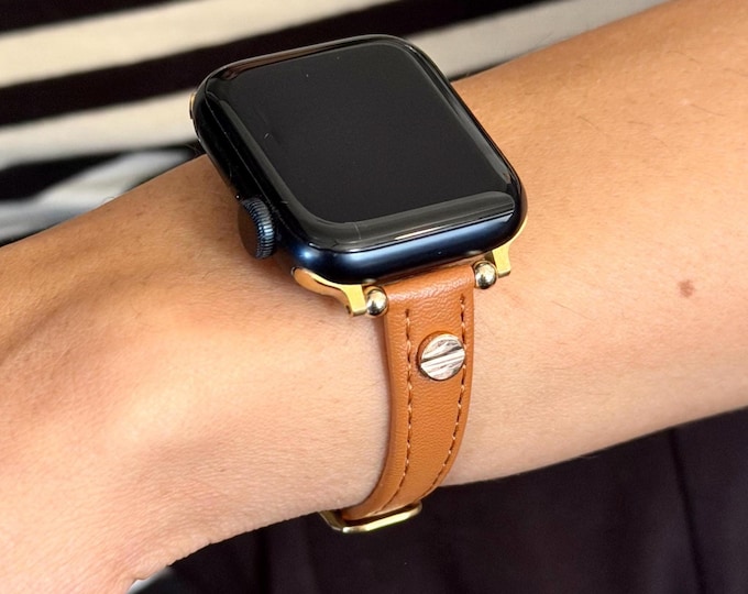 Brown Leather Apple Watch Band 42mm 46mm Ultra, Slim Strap Women Bracelet