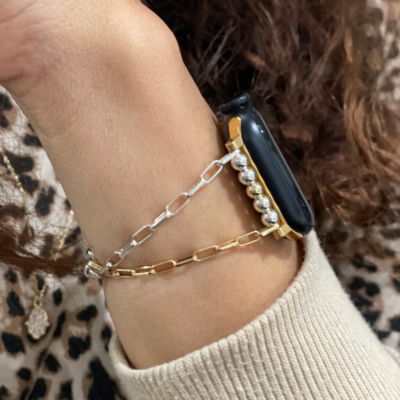 Elegante cinturino per Apple Watch da donna Bracciale a catena in metalli misti in argento sterling e oro, cinturino per Apple Watch bicolore immagine 2