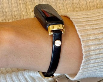 Black Italian Leather Fitbit Inspire 3 Band, Slim Gold Accent Bracelet, Handmade Strap