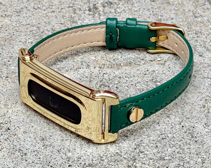 Green Leather Fitbit Air Band 12mm Genuine Leather Strap, Gold Frame Tracker Holder