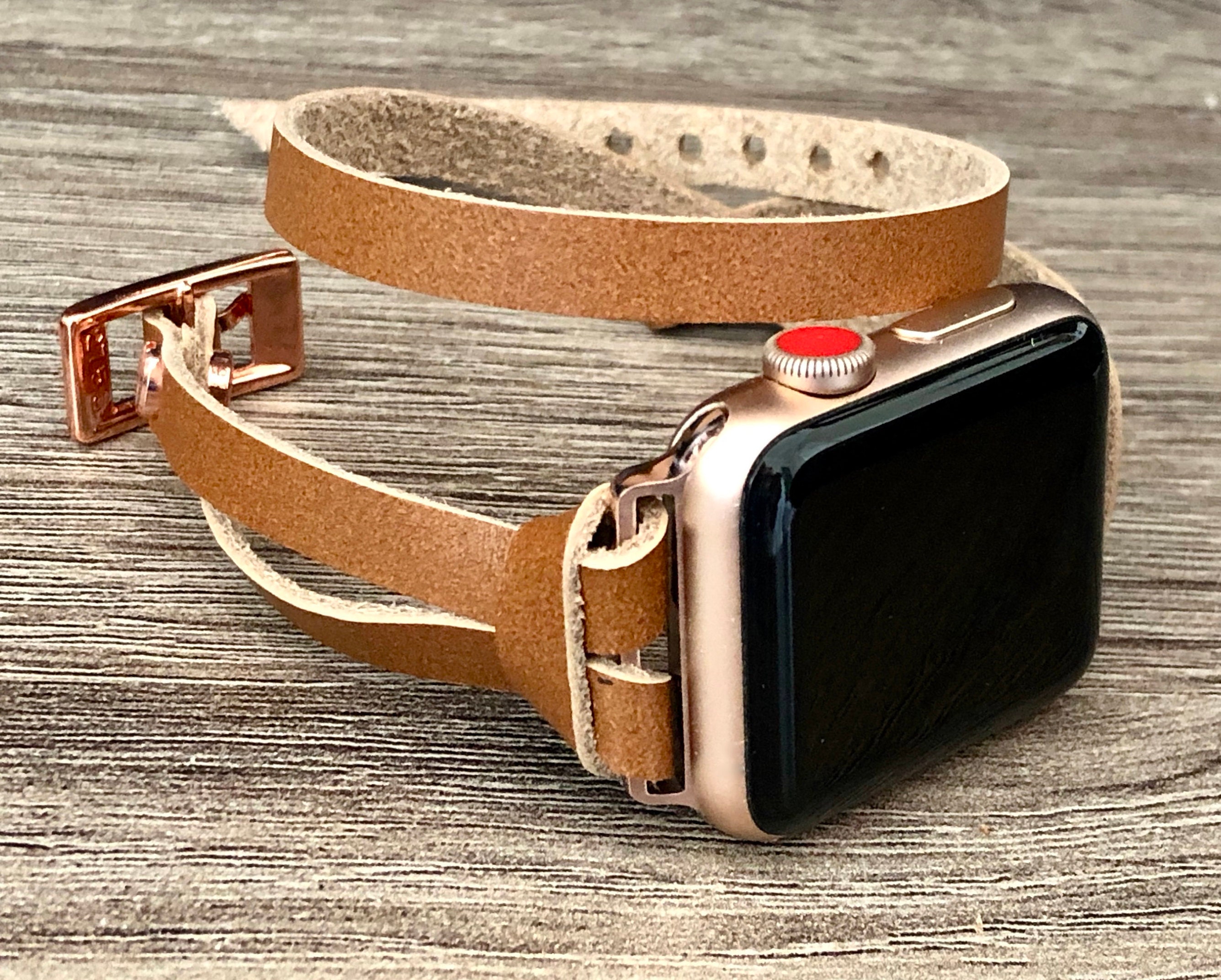 Rose Gold Apple Watch Band 38mm 40mm 41mm 42mm 44mm 45mm Women Apple Watch Bracelet Leather Apple Watch Wristband Brown Double Wrap Strap