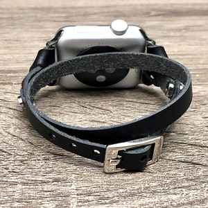 Uhrenarmband aus schwarzem Leder: Schmales Wickelarmband für iWatch Bild 5