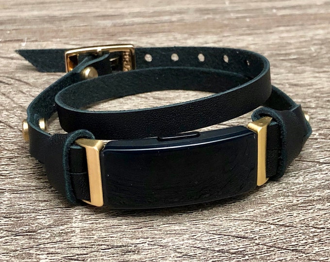Gold & Black Leather Fitbit Inspire HR Band, Double Wrapped Fitbit Inspire Strap Bracelet, Adjustable Leather Fitbit  Inspire HR Wristband