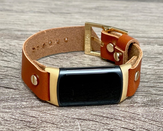 Black Vegan Leather Bracelet Gold Bangle with Lock Charm for Fitbit Luxe