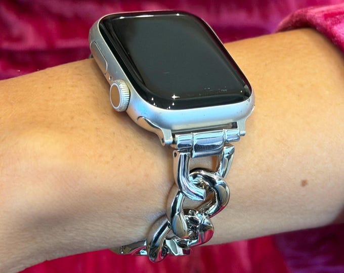 Silver Apple Watch Band Women Jewelry Bracelet, Adjustable Links Stainless Steel Strap