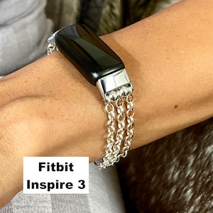 Sterling Silver Fitbit Inspire 3 Bracelet: Handmade Triple Strand Chain Strap Band