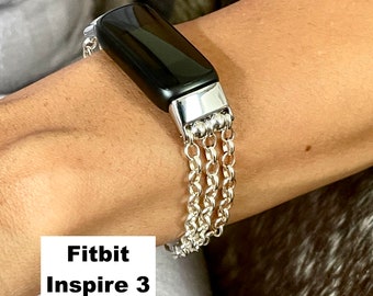 925 Sterling Silver FITBIT IINSPIRE 3 Chain Bracelet Women Wear Band Jewelry, Luxury Triple Strand Chain Style Dainty Handmade Wrist Jewelry