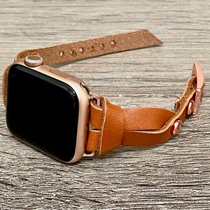 Slim Apple Watch Band for Women 9/8/7/SE Series, Rose Gold & Light Brown Leather iWatch Strap Bracelet, 38mm 40mm 41mm 42mm 44mm 45mm image 3