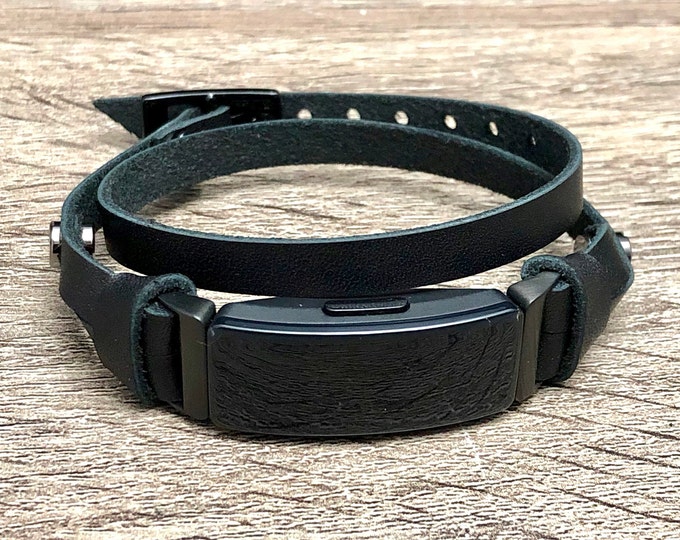 Black Fitbit Inspire HR Band, Double Wrapped Fitbit Inspire Strap Bracelet, Slim Genuine Leather Adjustable Size Fitbit Jewelry Wristband