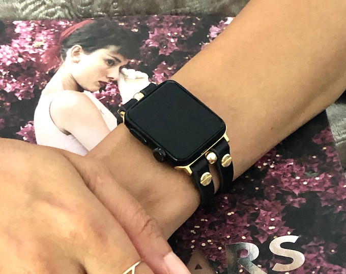 Gold Apple Watch Band: Black Italian Leather Double Strap Bracelet,