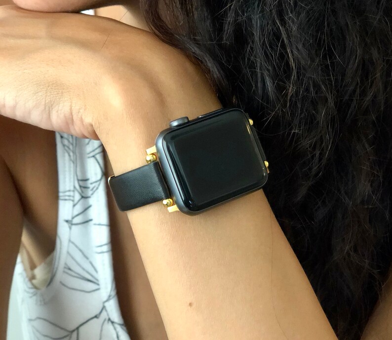 Black Leather & Gold Apple Watch Band 38mm 40mm 42mm 44mm Slim Etsy