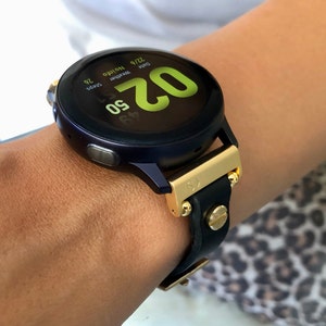 Samsung Galaxy Watch Band 20mm Slim Black Leather Strap with Gold Accents, Adjustable Size, Gift for Her, Compatible with 7 6 5 Series
