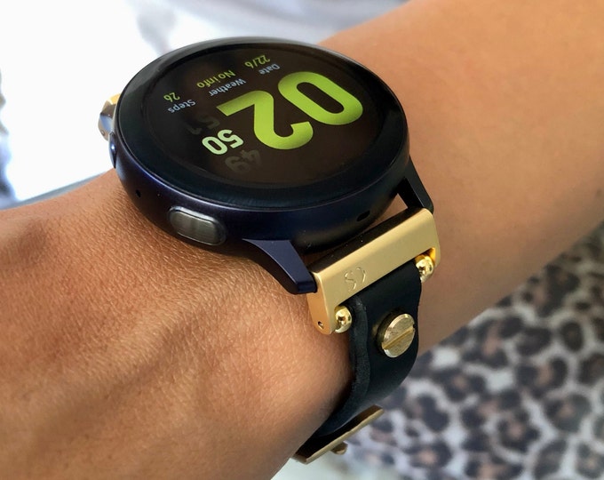 Samsung Galaxy Watch Band 20mm Slim Black Leather Strap with Gold Accents, Adjustable Size, Gift for Her, Compatible with 7 6 5 Series