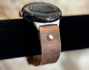 Distressed Rustic Brown Leather Google Pixel Watch Band for Men, Silver Accents Strap