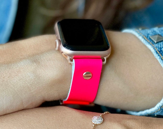 Neon Pink Apple Watch Leather Band - Women Strap Bracelet - Series 9 - 1 SE Ultra 2 Band - Rose Gold Accents - Adjustable Size - iWatch Band