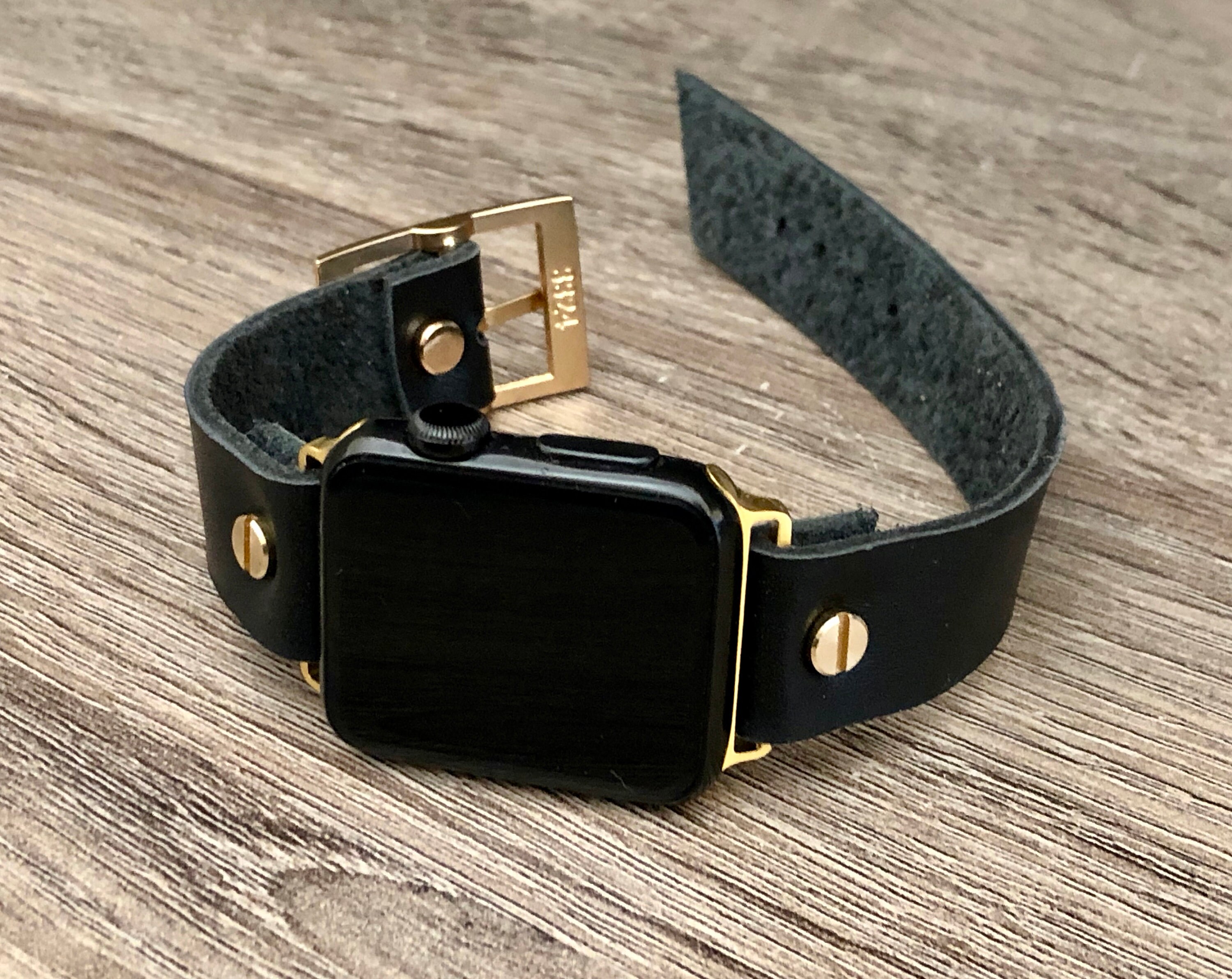 Gold Apple Watch Band, 38mm 40mm 42mm 44mm Black Leather iWatch Bracelet, Apple Watch Bands