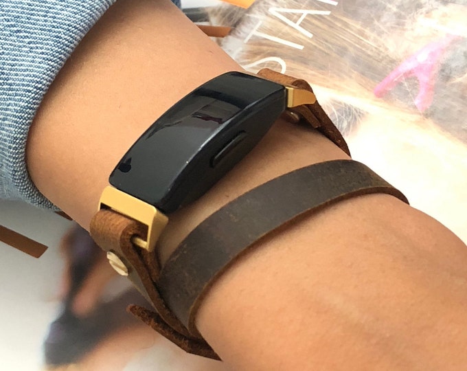 Fitbit Inspire 2 Leather Band - Vintage Brown Strap Jewelry for Fitbit Inspire 2 - Genuine Gold Bracelet Wristband