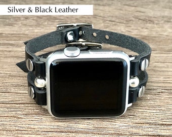 Apple Watch Band, Black Leather Apple Watch Strap, Silver Apple Watch Bracelet, Women iWatch Band, Apple Watch Bands, 40mm, 38mm, 41mm, 44mm