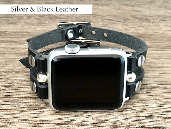 Black Leather Apple Watch Band: Double Strap Silver Bracelet