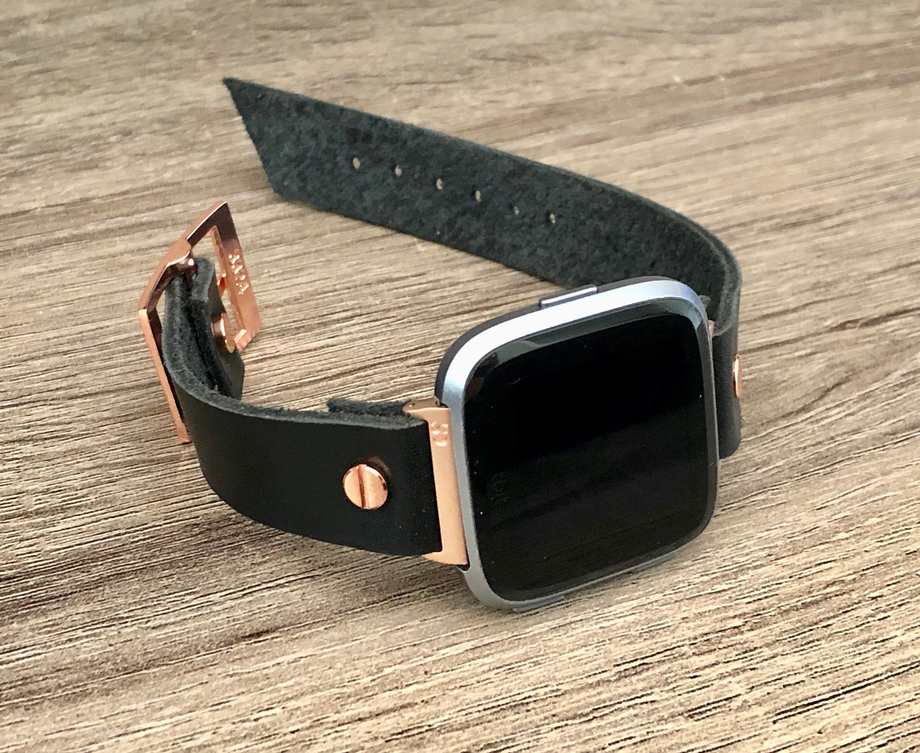 Rose Gold Fitbit Versa 2 Band Black Leather Fitbit Versa Lite Watch Strap Adjustable Fitbit