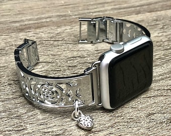 Floral Silver Apple Watch Band, Apple Watch Charm Bands, Apple Watch Strap, iWatch Band, Watch Band, Watch Strap, Handmade Jewelry, Simeon D