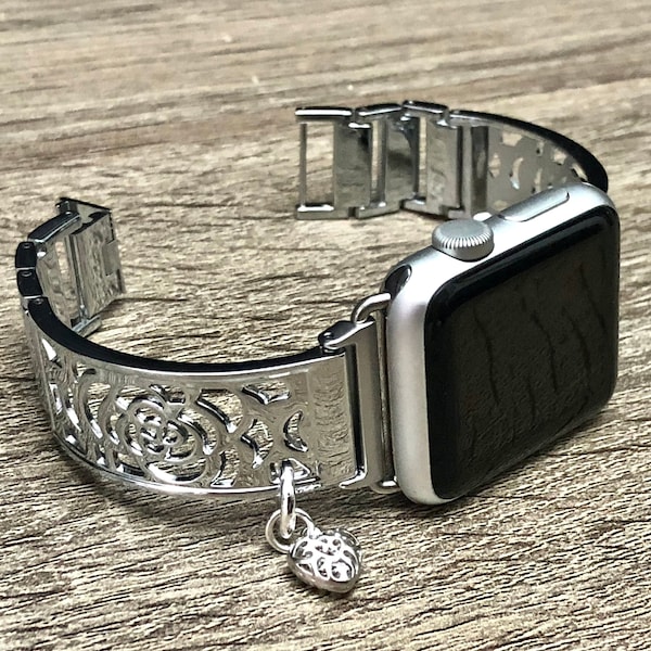 Bracelet floral argenté pour Apple Watch, breloques Apple Watch, bracelet Apple Watch, bracelet iWatch, bracelet de montre, bracelet de montre, bijoux faits main, Simeon D