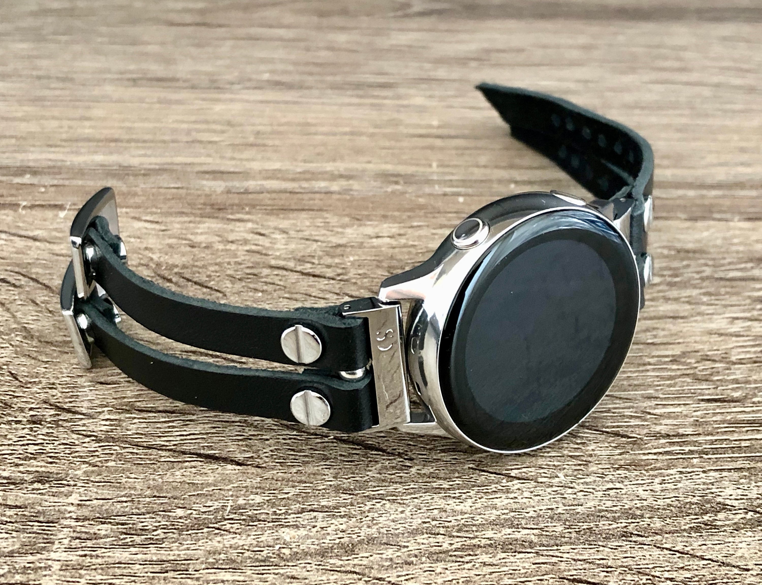 Black Leather Samsung Galaxy Active 2 Band 40mm 44mm Samsung Galaxy Watch 42mm Bracelet Silver