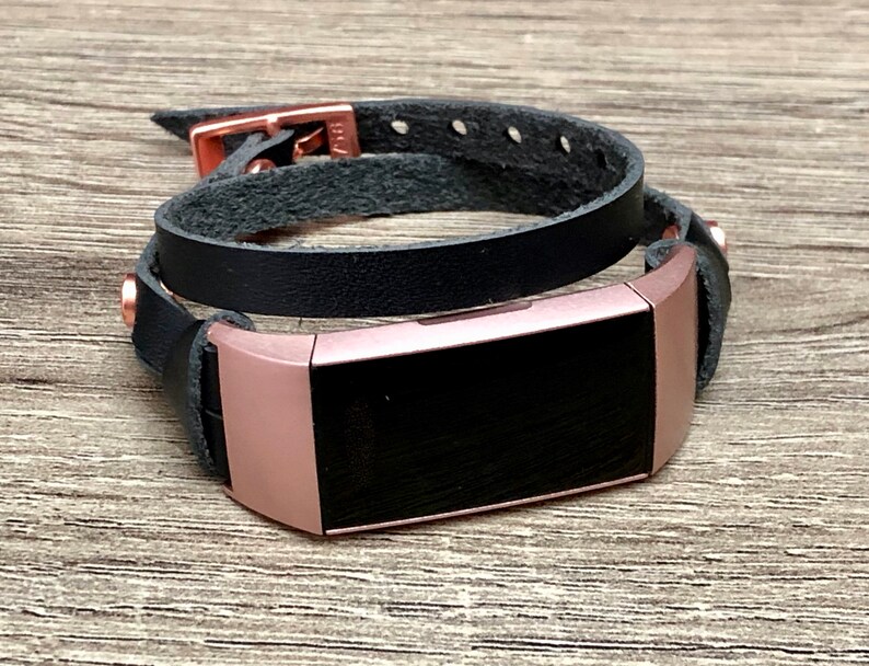 Women Fitbit Charge 3 Band Black Leather Double Wrap Fitbit Charge 3 Strap Luxury Rose Gold Fitbit Charge 3 Band Adjustable Fitbit Bracelet
