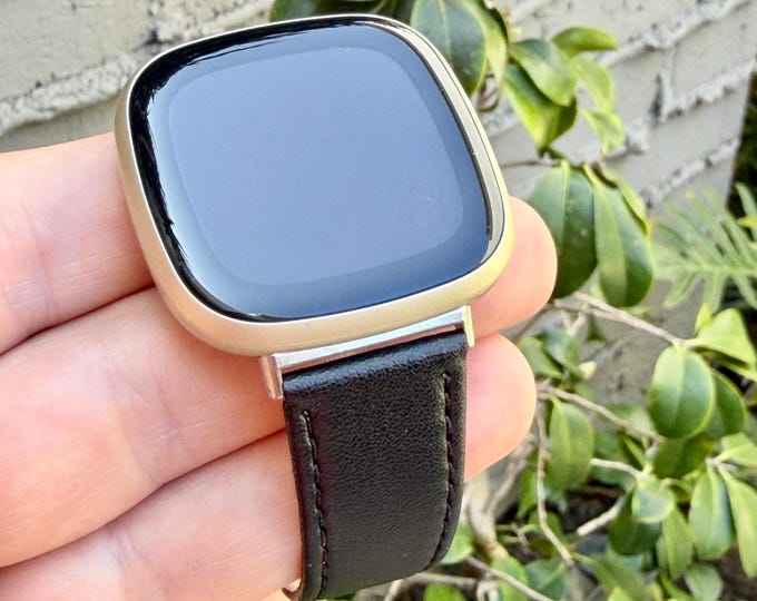 Genuine Black Leather Band for Fitbit Versa 4 and Sense 2, Adjustable Stitched Strap