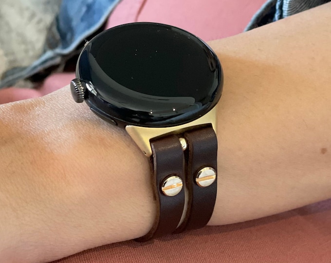 Italian Leather Google Pixel Watch Band, Google Watch Strap, Dark Brown Leather Pixel Watch Bracelet, Women Wear Double Straps Watch Band