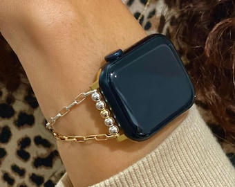 Two Tone Paperclip Chain Apple Watch Band, Sterling Silver Gold Filled Bracelet Jewelry