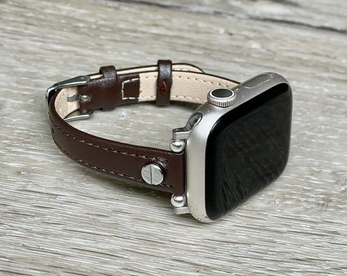 Slim Dark Brown Leather Apple Watch Band 42mm 46mm 41mm 38mm 44mm 45mm Ultra 2 Women Strap, Elegant Adjustable Size Bracelet, Gift for Her