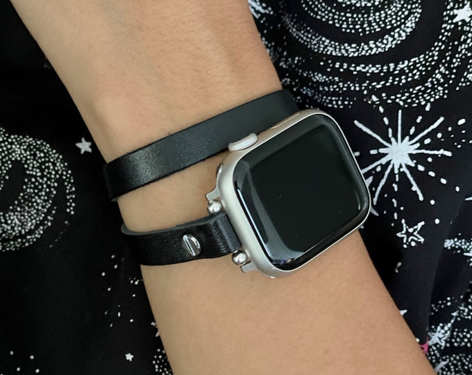 Slim Black Leather Double Wrap Apple Watch Band: Boho Strap Bracelet 46mm/42mm Ultra