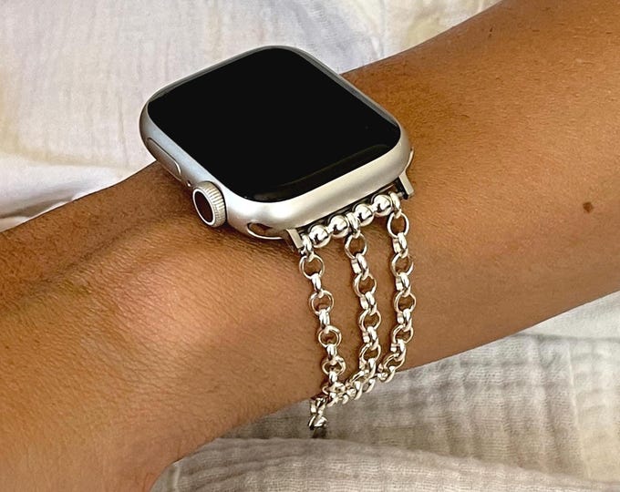 Sterling Silver Apple Watch Band, Women Chain Strap Bracelet, 42mm 46mm 41mm 45mm 40mm 44mm 38mm Ultra,  Luxury iWatch Jewelry