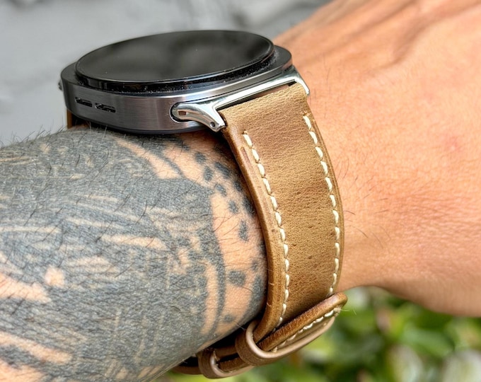 Genuine Leather Camel Brown Galaxy Watch 8 Band, Elegant Strap for Men - Adjustable Size