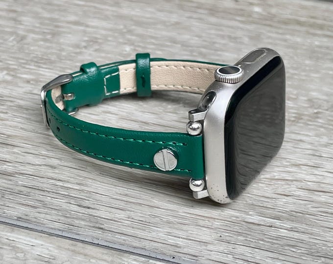 Slim Apple Watch Band Women Strap 42mm 46mm 41mm 38mm 44mm 45mm Ultra 2, Elegant Green Leather Adjustable Size Bracelet, Gift for Her