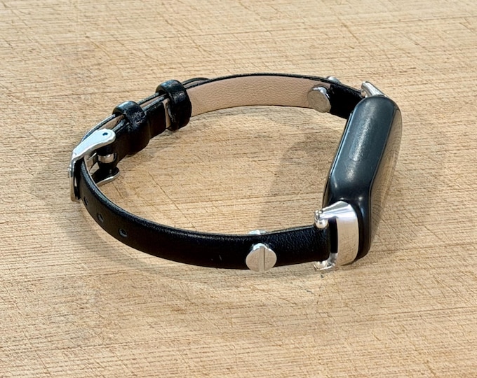 Black Leather Fitbit Luxe Band Slim Silver Bracelet, Women's Accessory