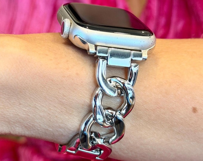Silver Apple Watch Band Chain Bracelet, Adjustable Metal Strap, Charm Band