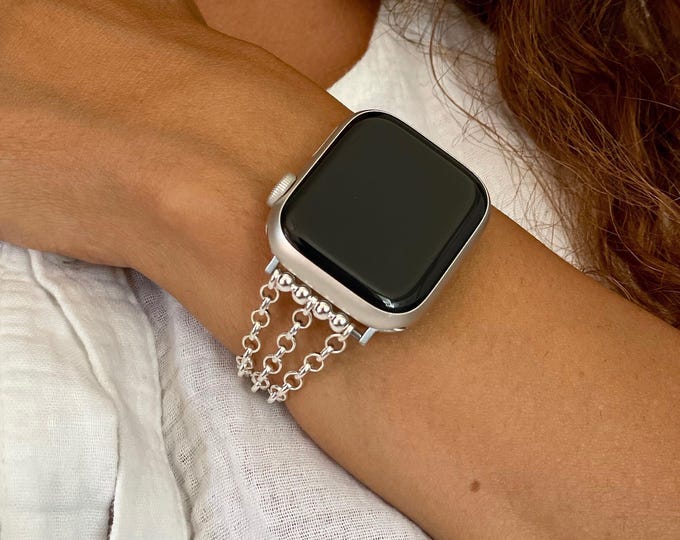 Luxury Apple Watch Band 40mm 41mm 42mm 44mm 45mm 46mm Ultra 2, Sterling Silver Smartwatch Strap, Feminine Chain Bracelet, Custom Watch Band